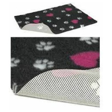 Vetbed Non-slip, svart med vita tassar och rosa hjärtan - Halvrulle 75 cm bred/10 meter lång