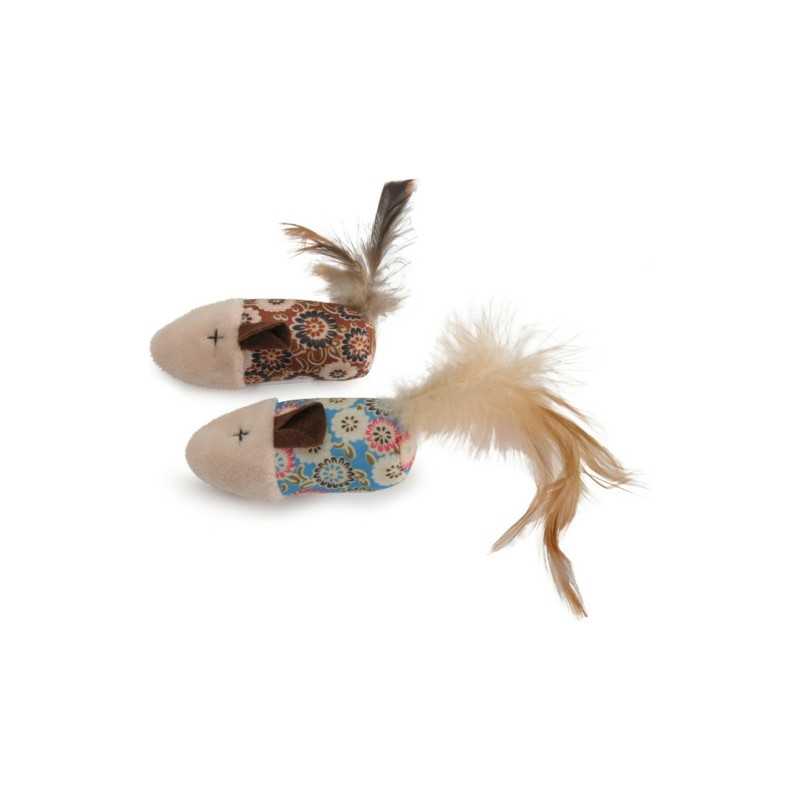 Tygmus i blommigt tyg m fjäder,-13cm 2st/fp