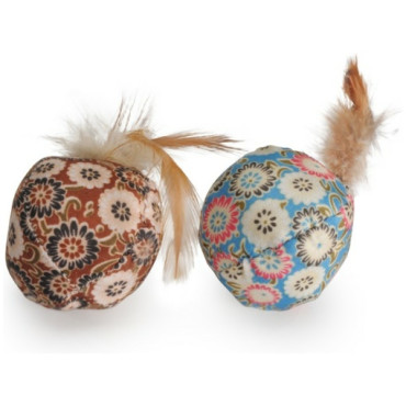 Tygboll i blommigt tyg m fjäder 6cm 2st/fp