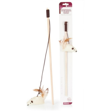 Kattspö i trä med mus i väv med fjäder