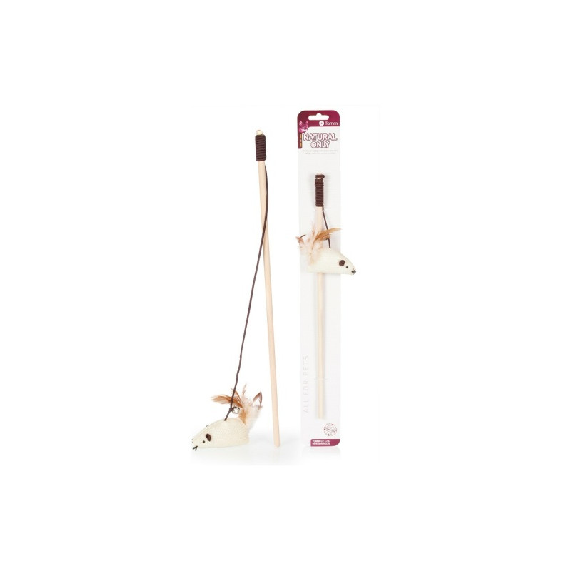 Kattspö i trä med mus i väv med fjäder