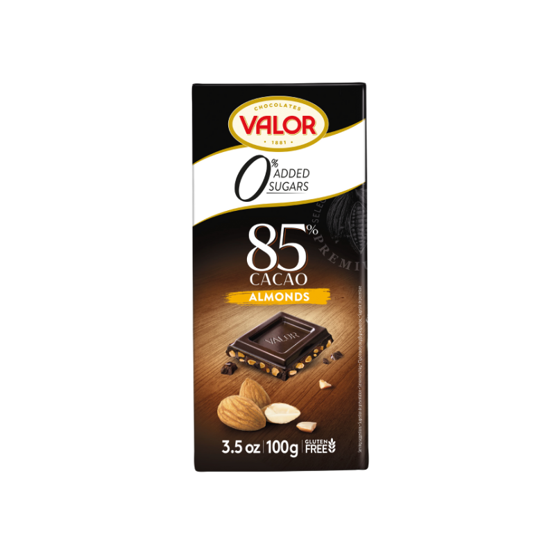 Valor 85% Mörk Choklad med Mandlar Utan Tillsatt Socker – 100 g