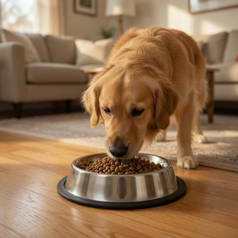 Hund äter ur halkfri rostfri matskål