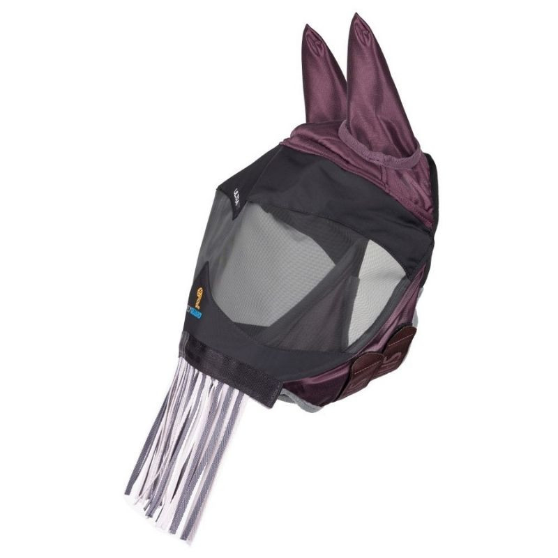 FlyGuard Deluxe flughuva med öron och nosfransar i färgen Black Cherry