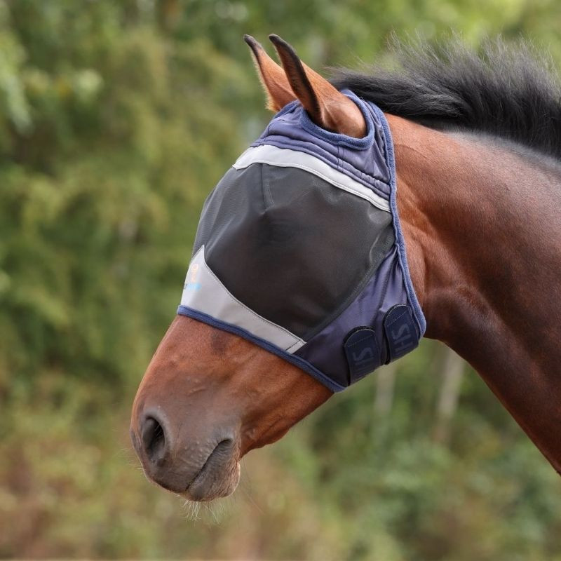 Häst med FlyGuard Fine Mesh flughuva med öronhål och UV-skydd