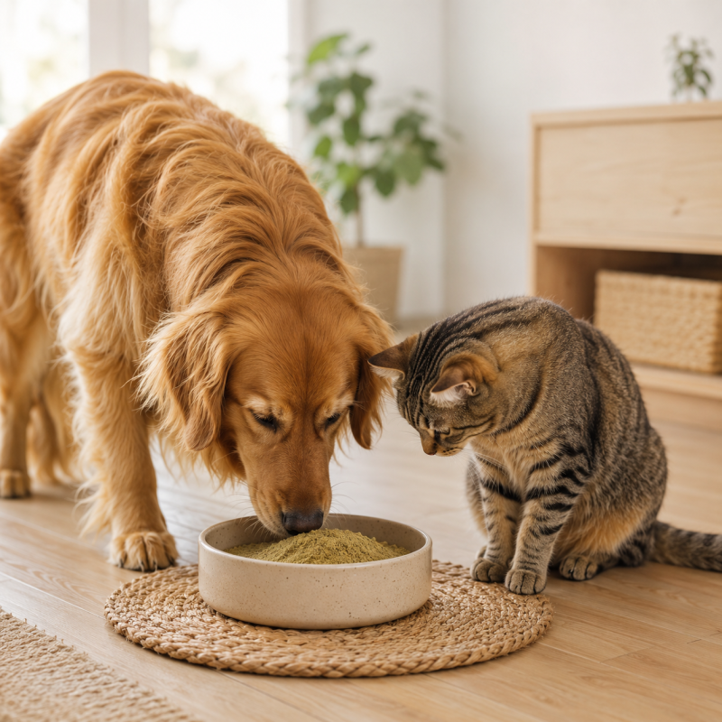 Hund och katt i lugn hemmiljö med växtbaserat komplementfoder i matskål