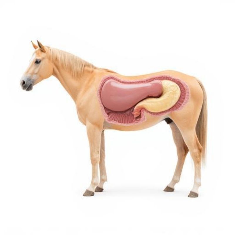 Illustration av hästens matsmältningssystem med fokus på grovtarm och mage