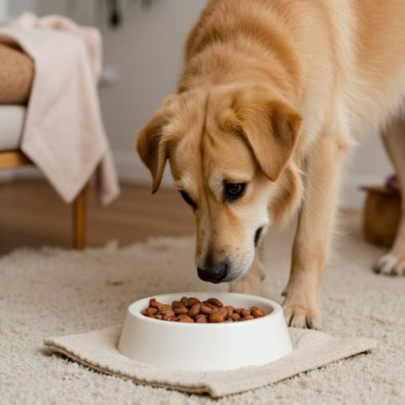 Hund äter foder som stödjer mage och matsmältning
