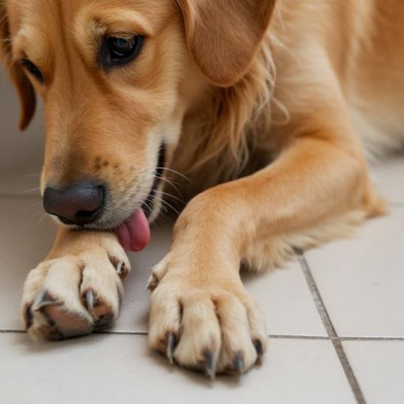Hund slickar tassar på grund av klåda, vanligt tecken på hudproblem hos hund